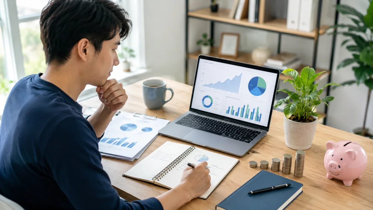 beginner investor planning personal finance portfolio, no text in image
