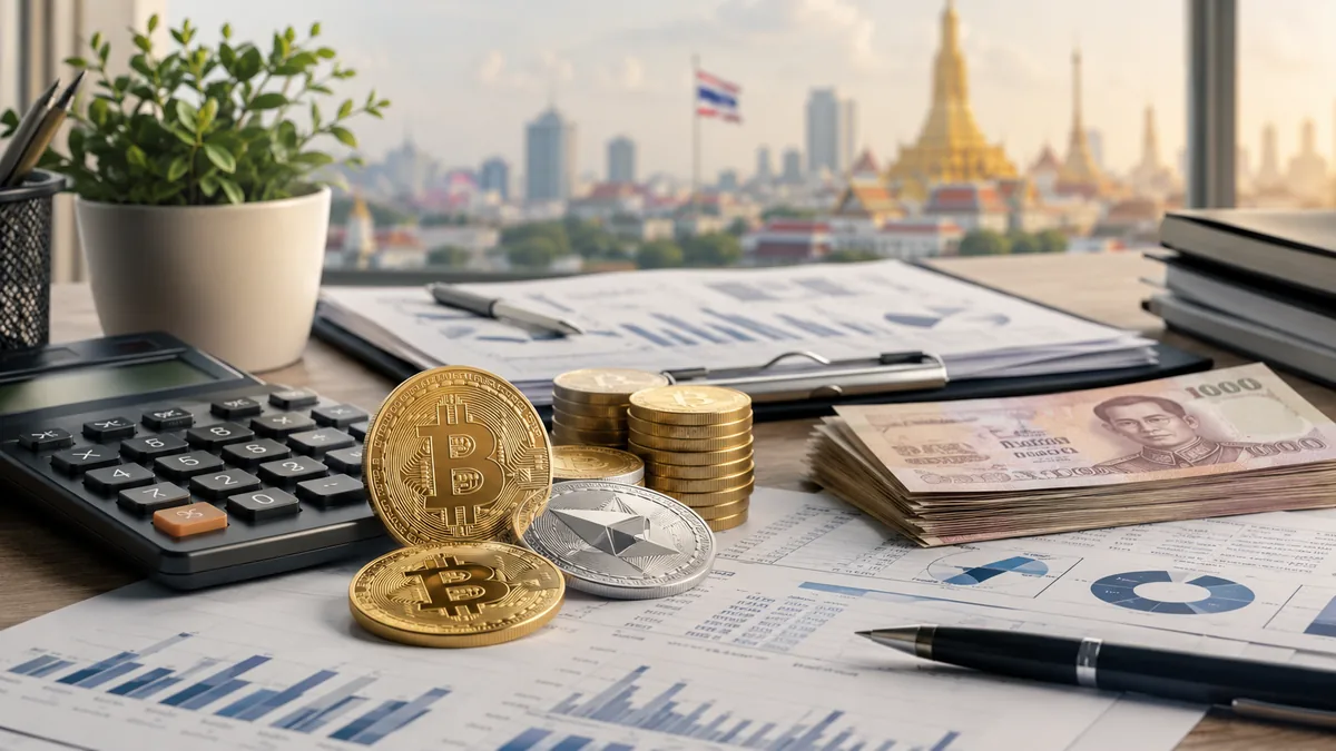 Thai cryptocurrency tax concept with digital coins, calculator, and official documents, no text