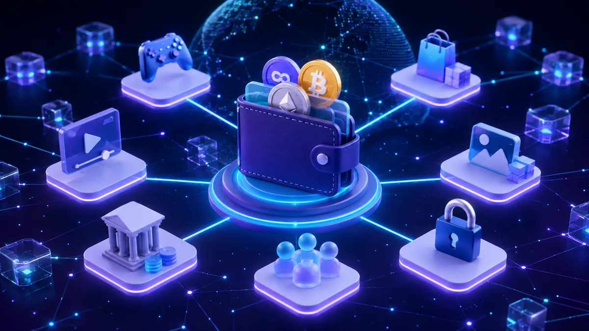 Decentralized Web3 ecosystem with blockchain wallet and connected apps, no text