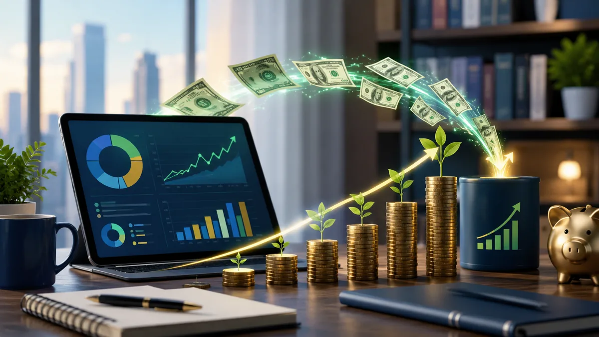 Dividend investing concept with cash flow, portfolio chart, and growing coins, no text