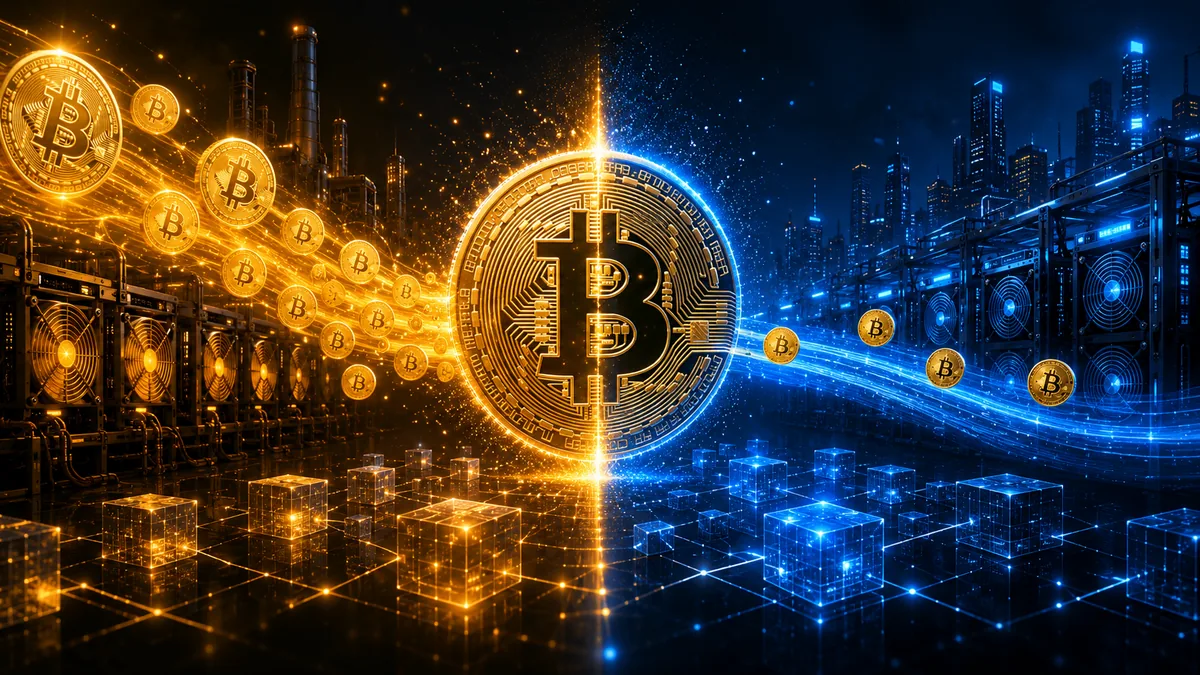 Bitcoin halving concept with blockchain blocks, mining rigs and a shrinking coin emission flow, no text