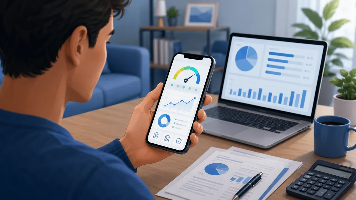 Person reviewing a personal credit report on a smartphone, no text