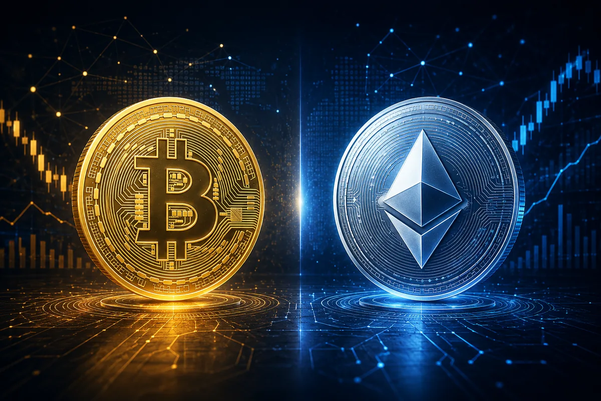 Bitcoin and Ethereum comparison concept, no text in image