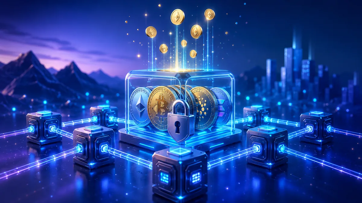 Crypto staking concept with digital coins locked in a blockchain validator network, no text