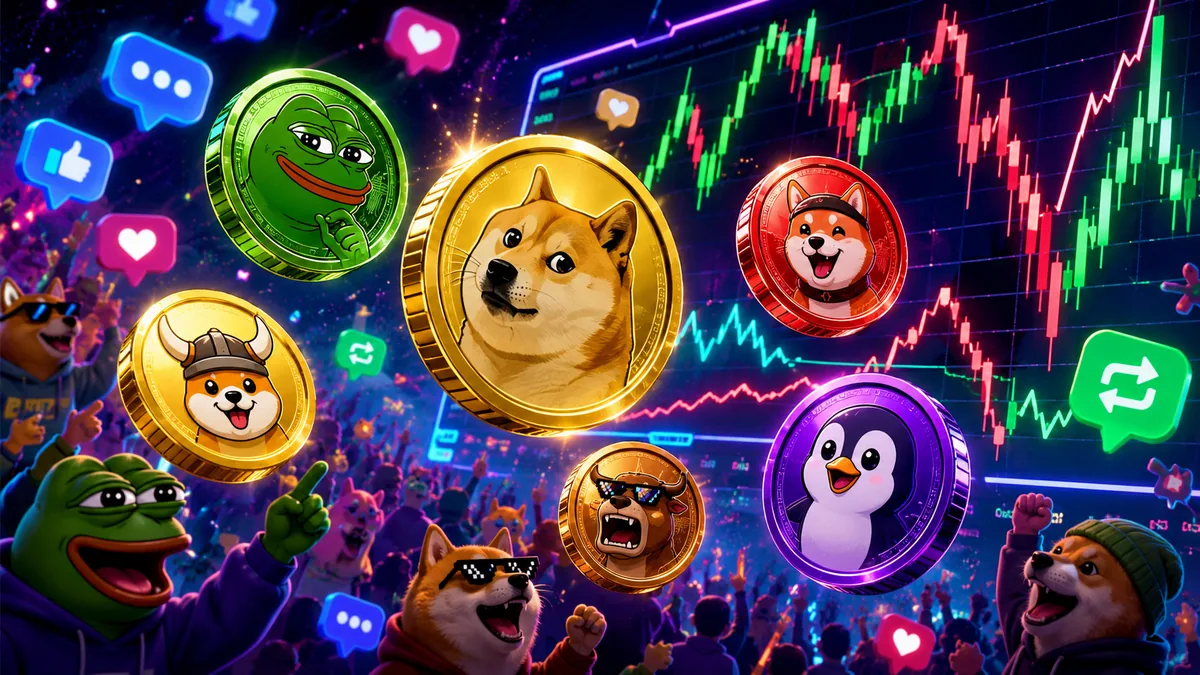 Colorful memecoin concept with digital coins, online community symbols, and volatile market chart, no text