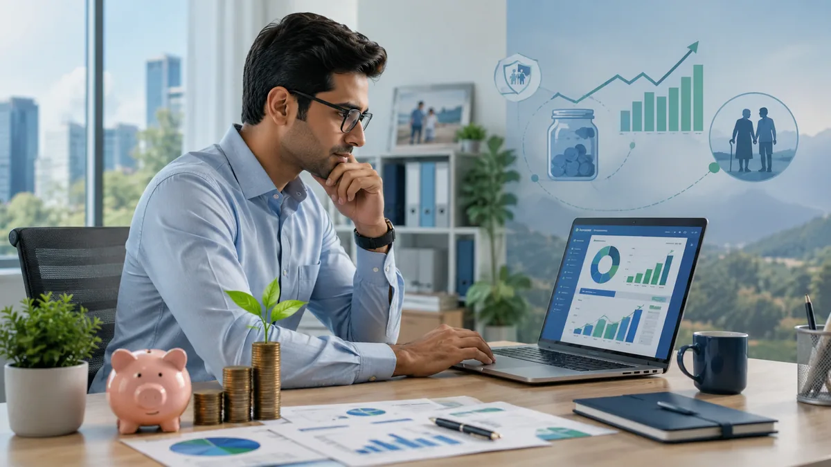 Employee reviewing provident fund savings and retirement investment plan, no text
