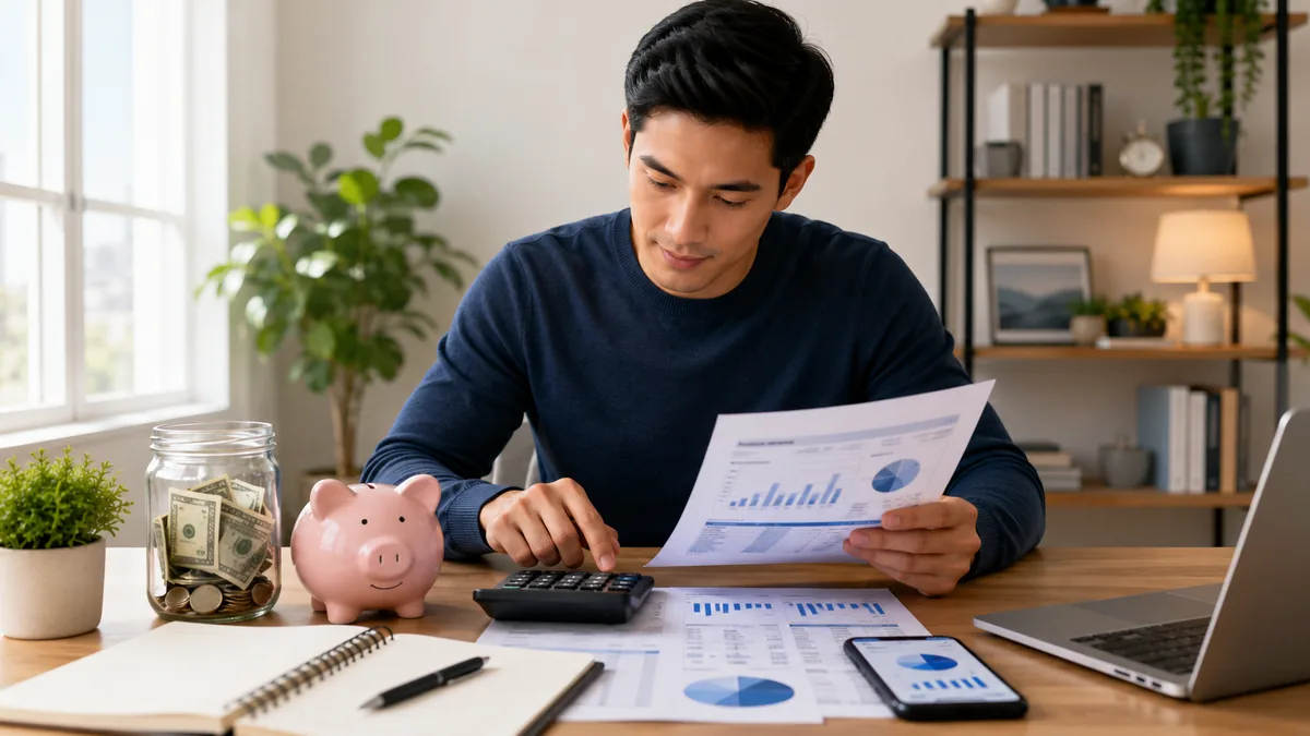 Person reviewing emergency fund budget with savings account and monthly expenses, no text