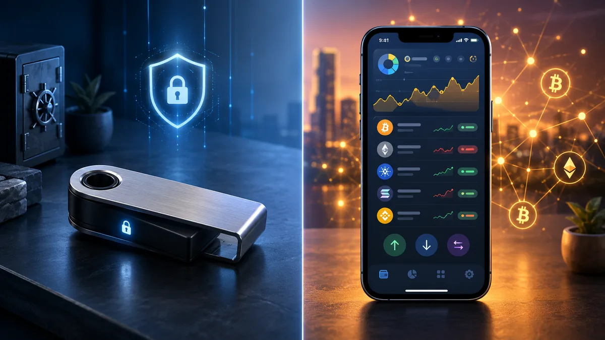 Comparison of a hardware crypto wallet and a mobile crypto wallet, no text