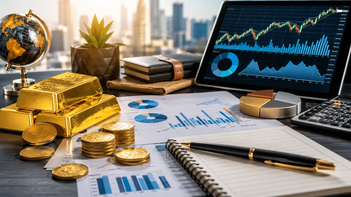 Diversified investment portfolio with gold bars, coins, market charts and financial planning materials, no text