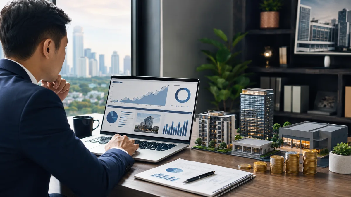 Investor reviewing real estate investment trust portfolio and rental income dashboard, no text