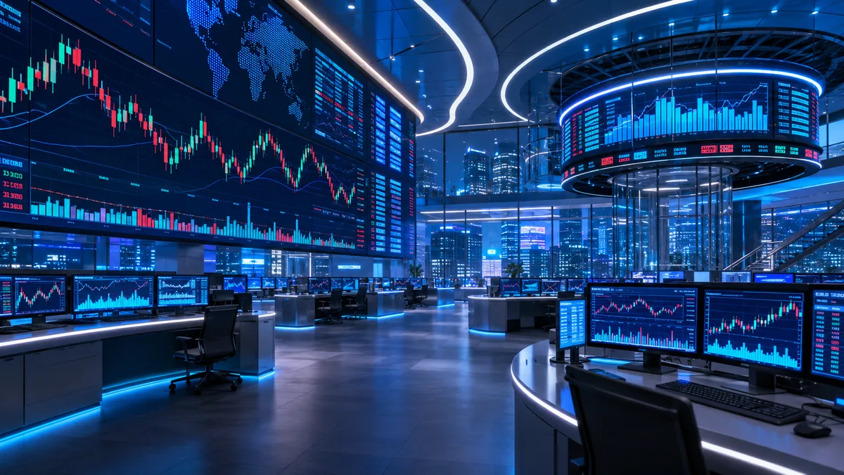 Modern stock market trading floor with abstract charts and digital market data, no text, no logos, no characters
