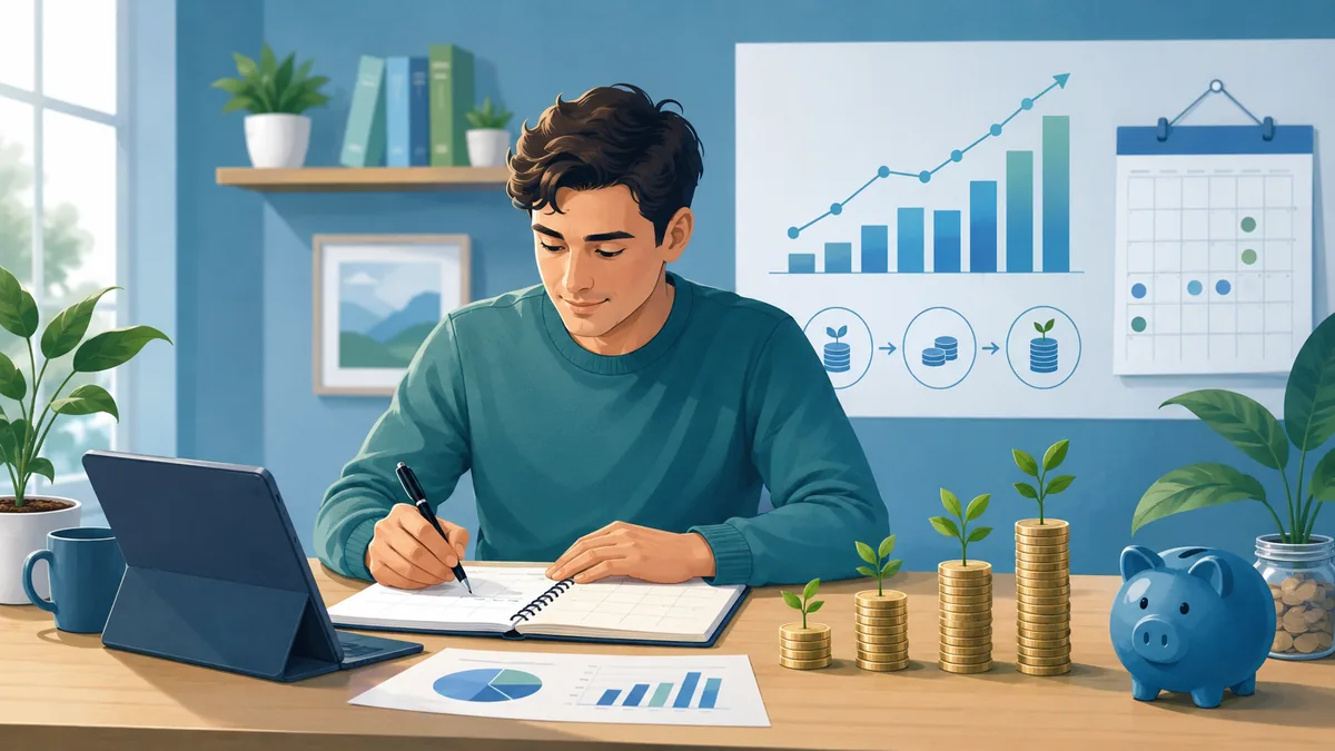beginner investor planning recurring investment schedule with charts, no text in image