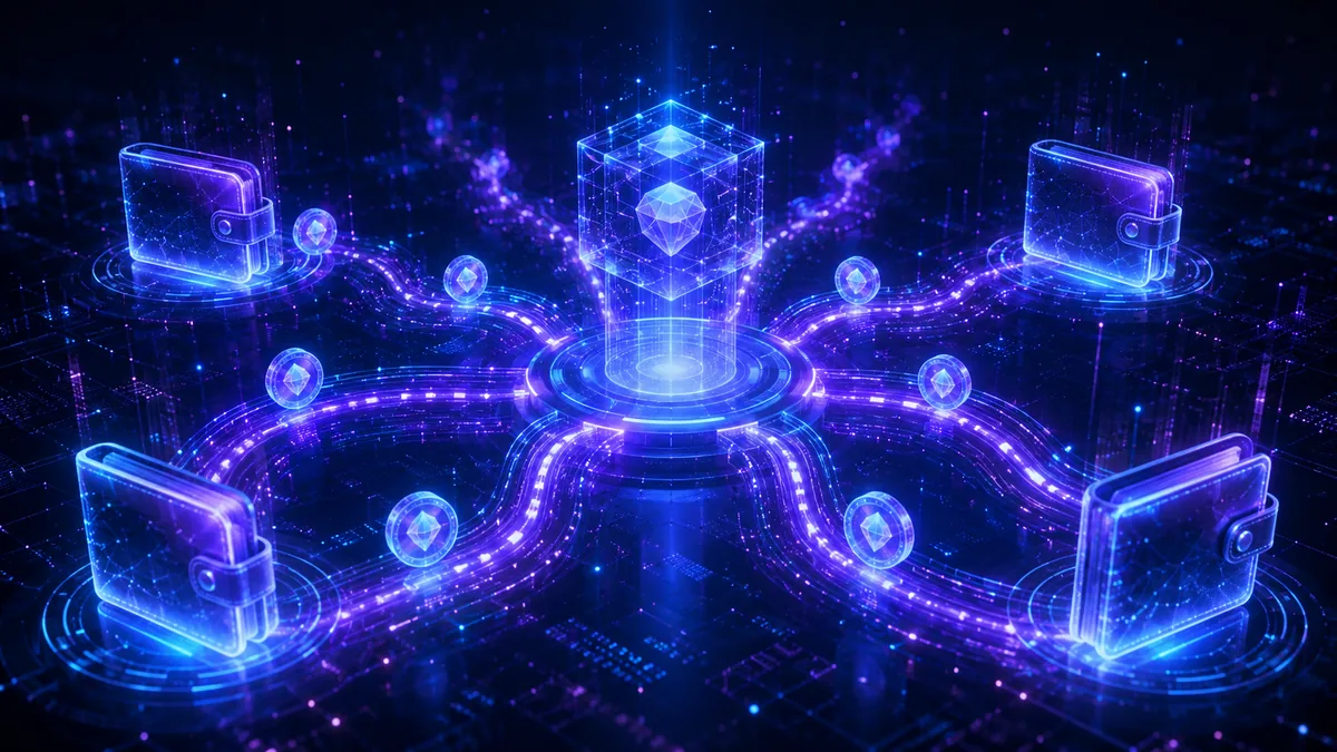 Abstract blockchain token distribution network with glowing digital wallets, no text, no logos, no characters