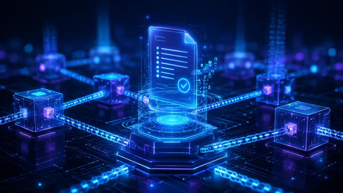 Abstract blockchain smart contract automation with connected digital blocks, no text, no logos, no characters
