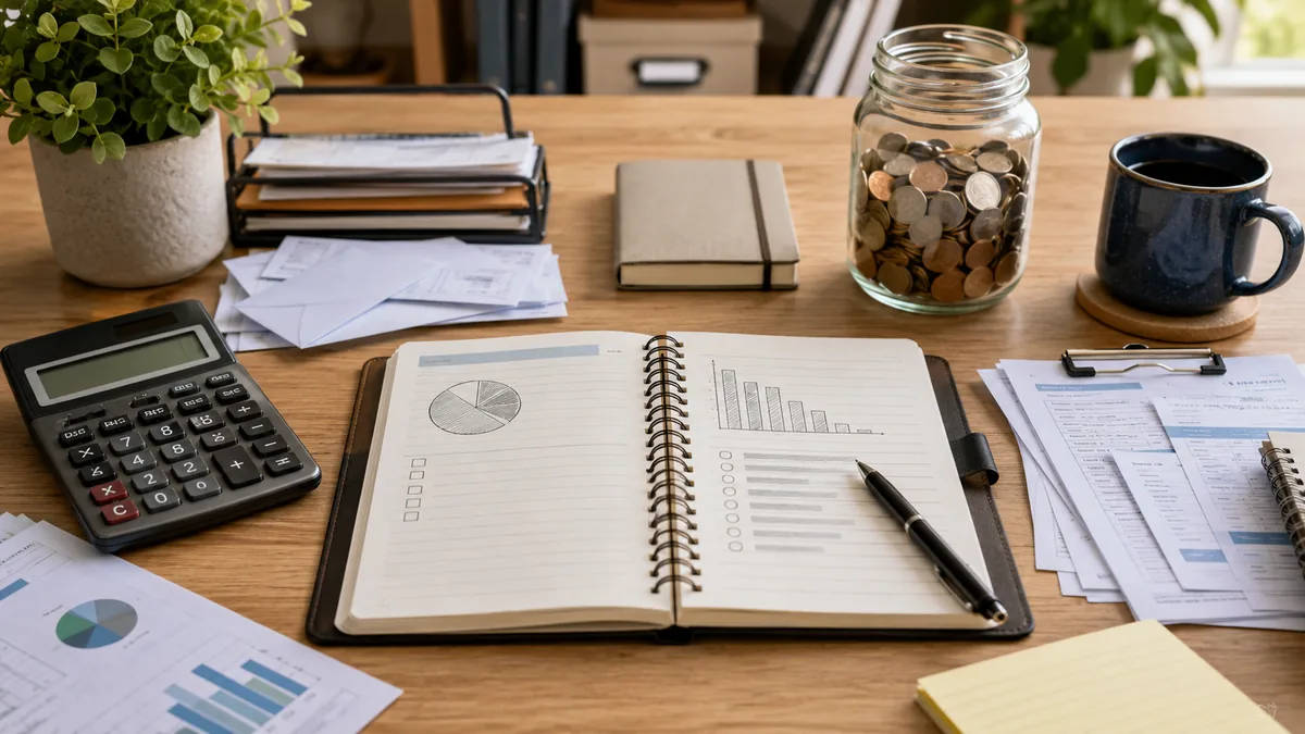 Personal finance desk with debt planning notebook, calculator, bills and savings jar, no text, no logos, no characters