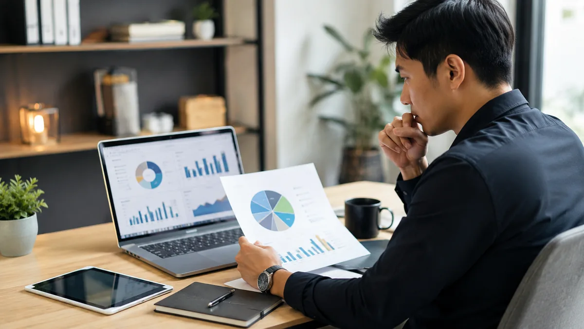 Calm investor reviewing a diversified portfolio chart at a clean desk, no text, no logos, realistic financial atmosphere