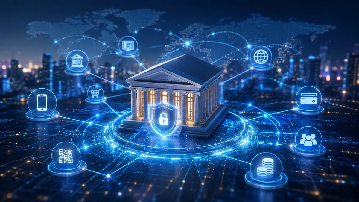 Modern digital payment concept with a secure central bank network, abstract financial technology scene, no text, no logos