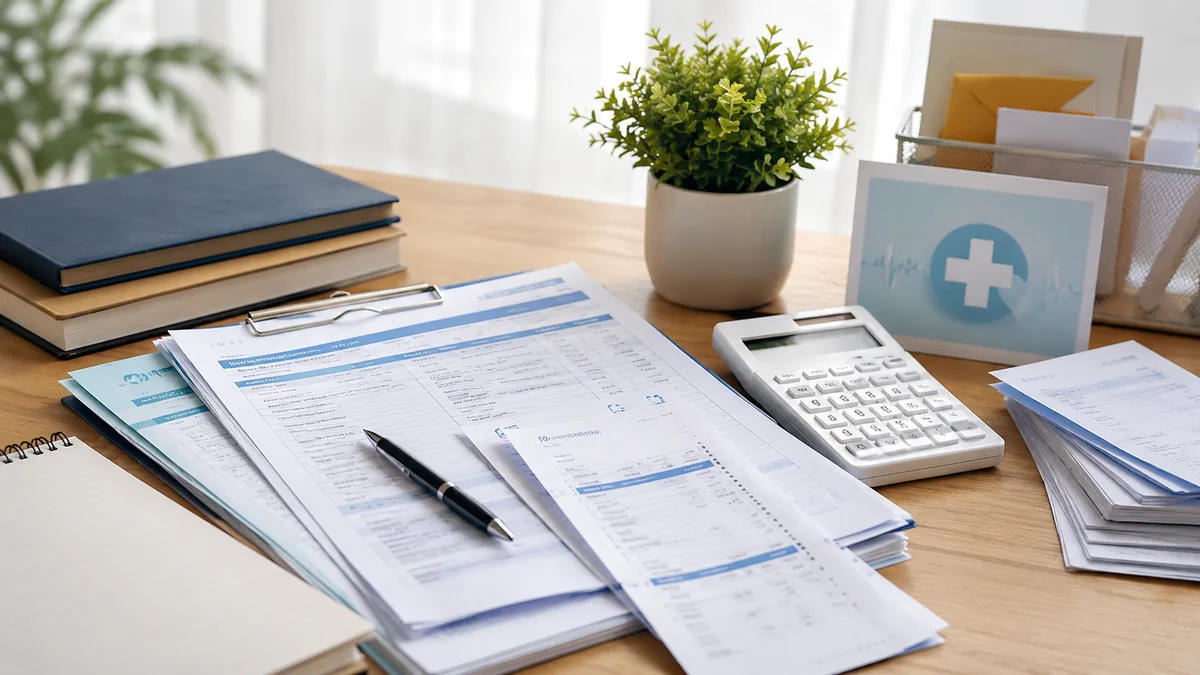 A clean modern scene of a person comparing health insurance documents, hospital bills and a calculator on a desk, no text, no logos, no characters