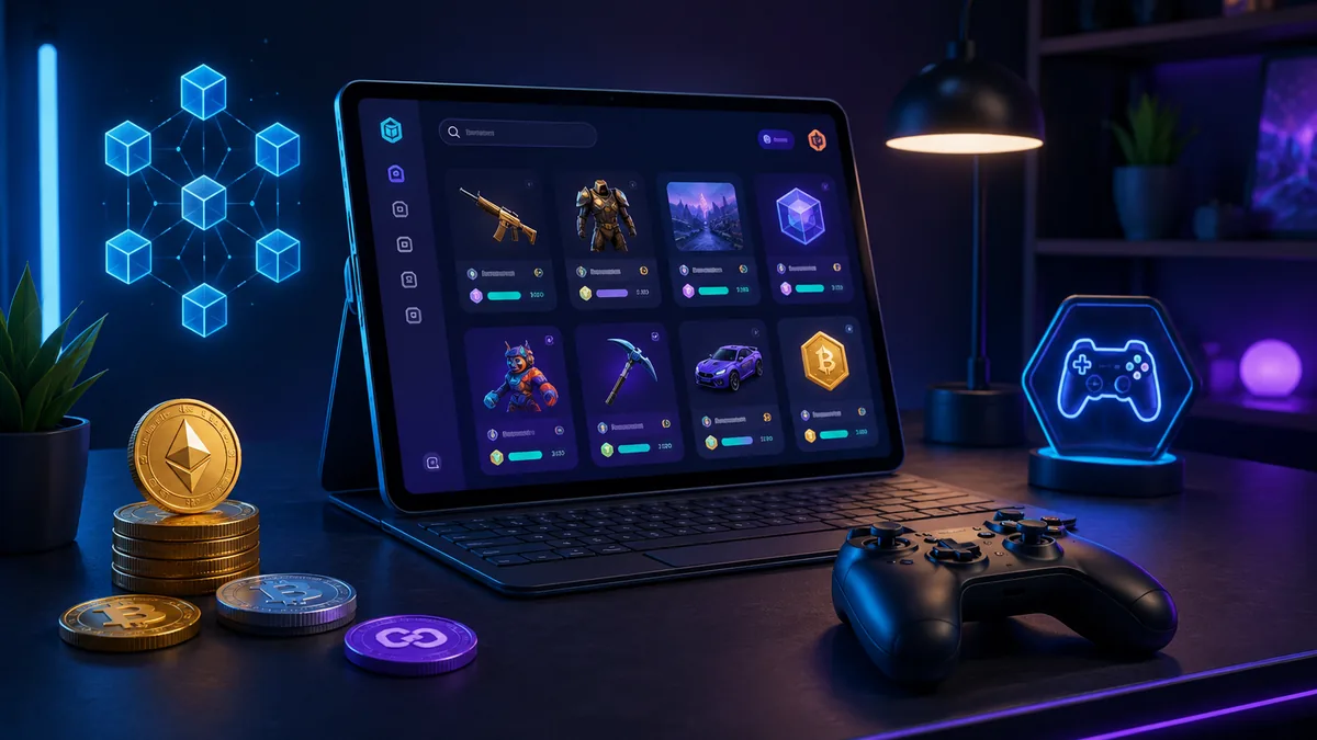A modern blockchain gaming desk with abstract digital coins, game controller and marketplace interface, no text, no logos, no characters