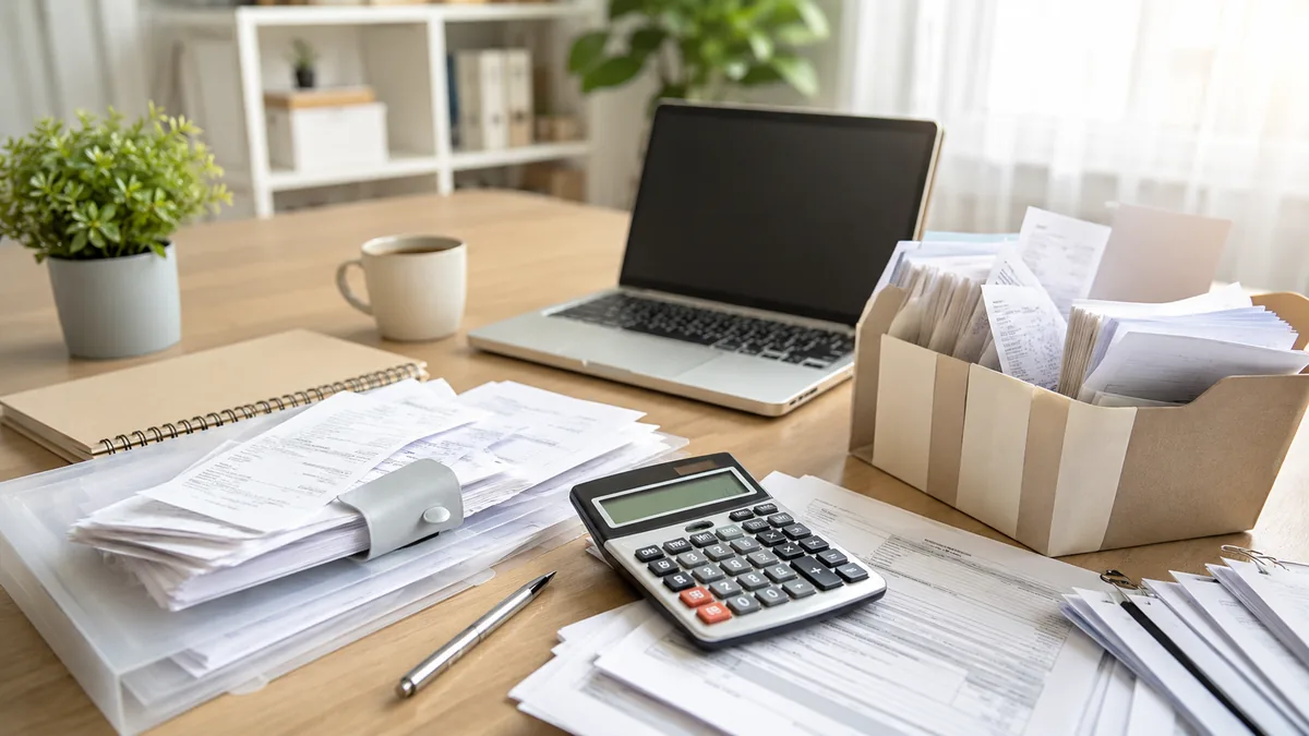 Clean home office desk with calculator, tax documents, receipt folders and laptop, no text, logos or characters