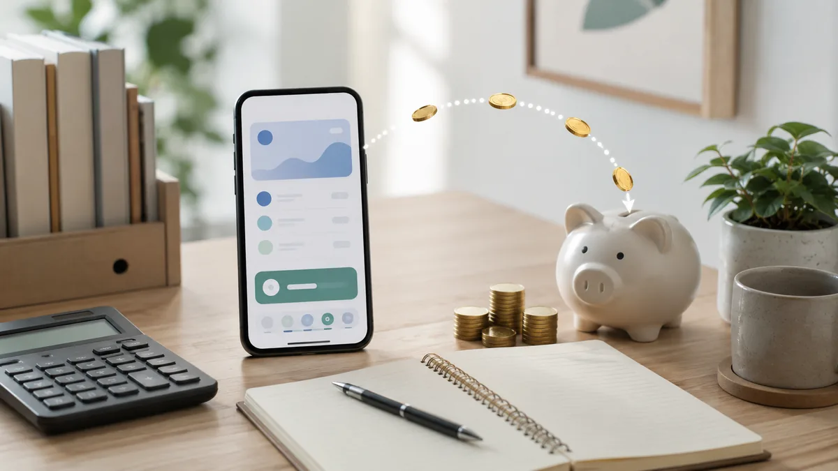 Clean personal finance desk with automatic savings transfer concept, calculator, notebook and banking app, no text, no logos, no characters
