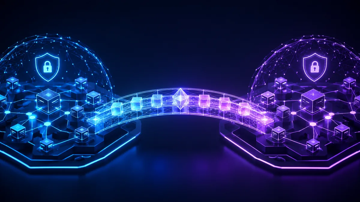 Abstract blockchain bridge connecting two secure digital networks, no text, no logos, no characters