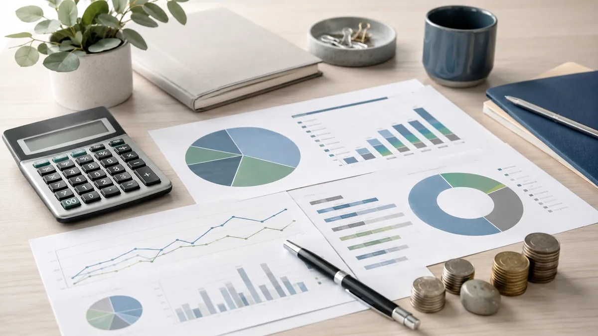 Clean investment cost comparison desk with calculator, percentage charts and diversified asset documents, no text, no logos, no characters