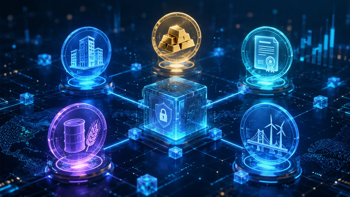 Abstract real world assets represented as secure digital tokens on a blockchain network, no text, no logos, no characters