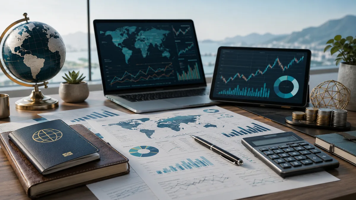 Global investing workspace with world market charts, passport, calculator and diversified asset documents, no text, no logos, no characters