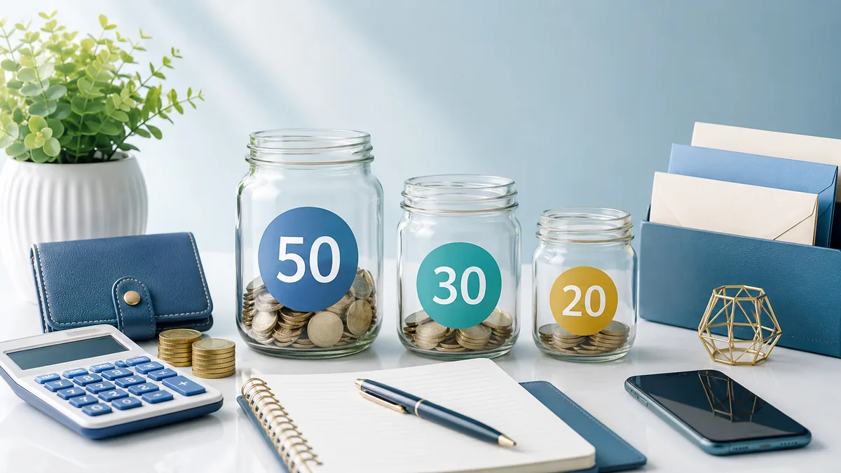 Clean personal budgeting desk with calculator, notebook, smartphone banking screen and organized expense categories, no text, no people, no logos