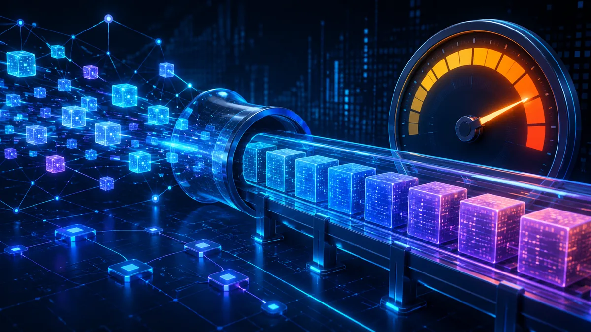 Abstract blockchain transaction queue with glowing data blocks and a fee gauge, no text, no people, no logos