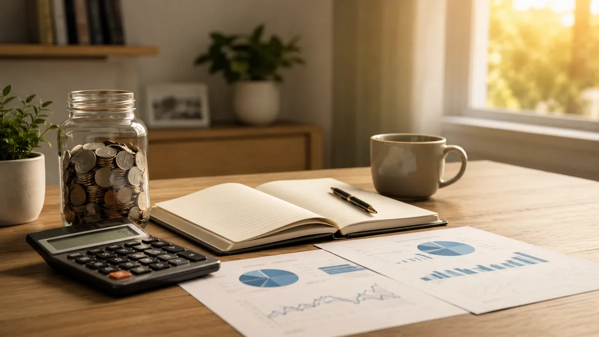 Calm retirement planning desk with calculator, notebook, savings jar, financial charts and warm natural light, no text, no people, no logos