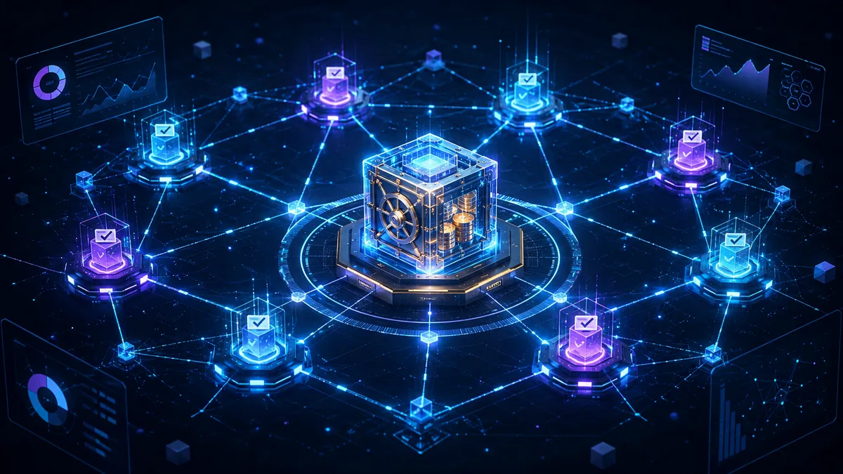 Abstract decentralized governance network with connected voting nodes and a shared digital treasury, no text, no characters, no logos