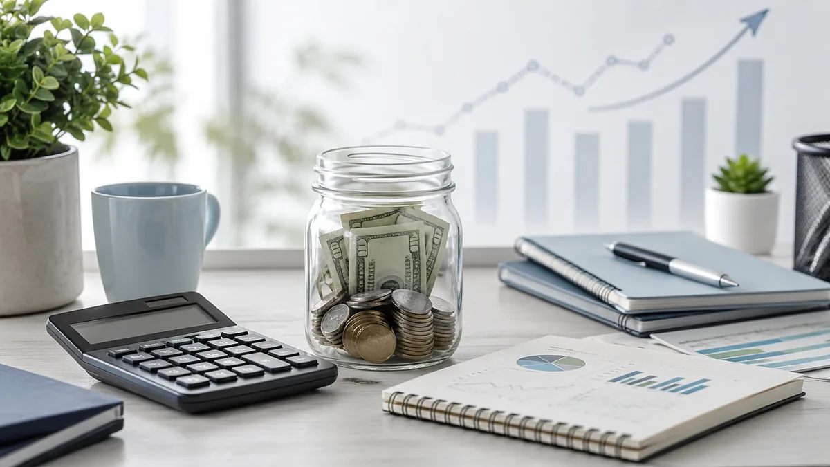 Minimal financial desk with calculator, savings jar, short-term bond notes and subtle money market concept, no text, no people, no logos