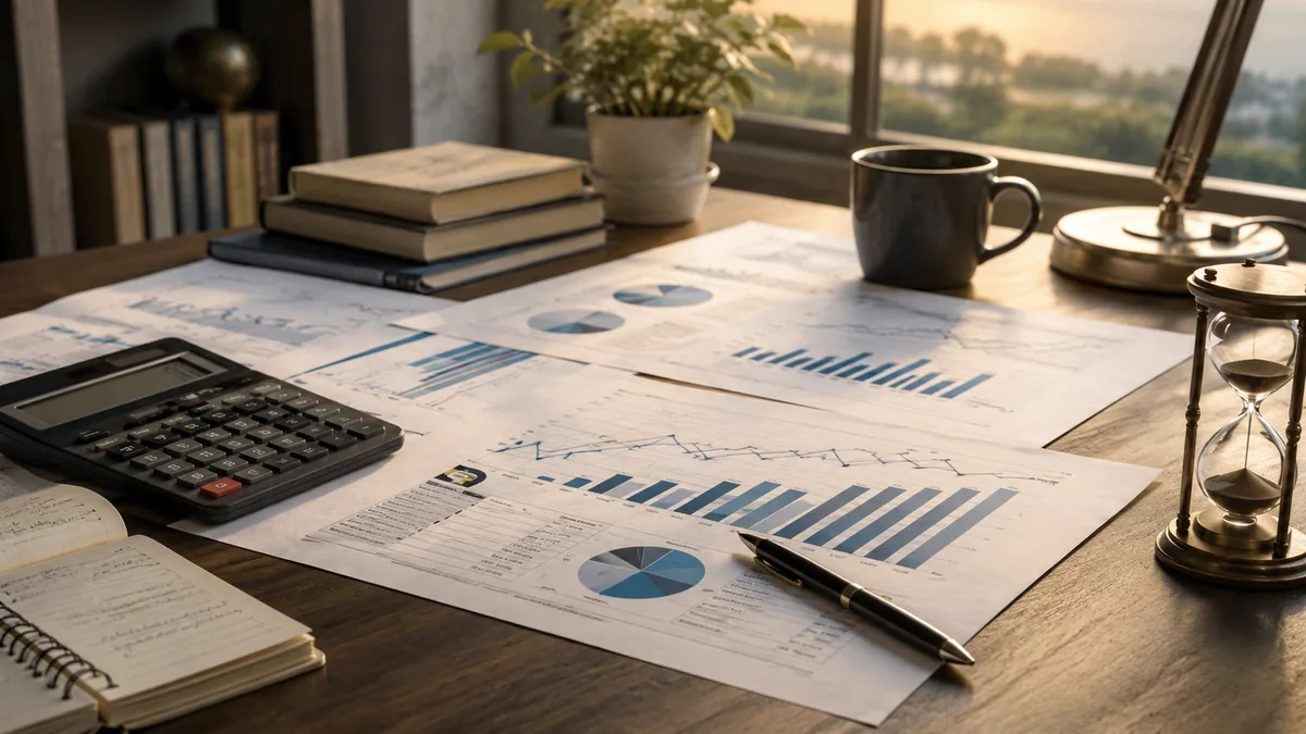 Calm investor desk with financial reports, calculator, notebook and long-term investment concept, no text, no people, no logos