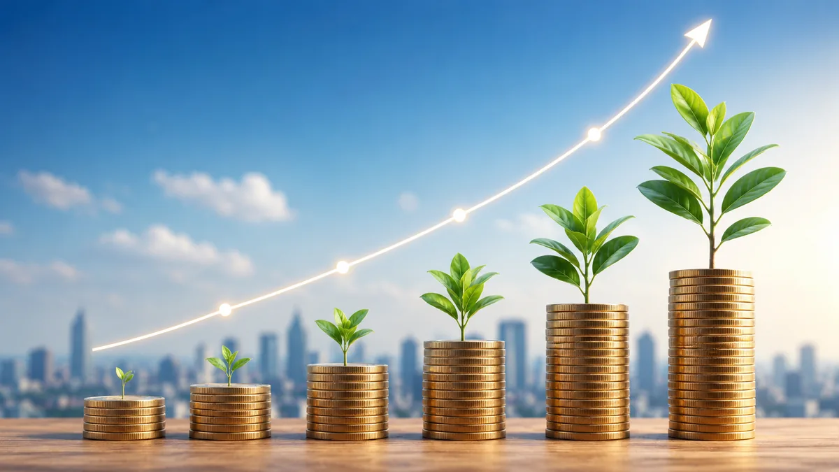 long term investment growth with coins and upward curve no text in image