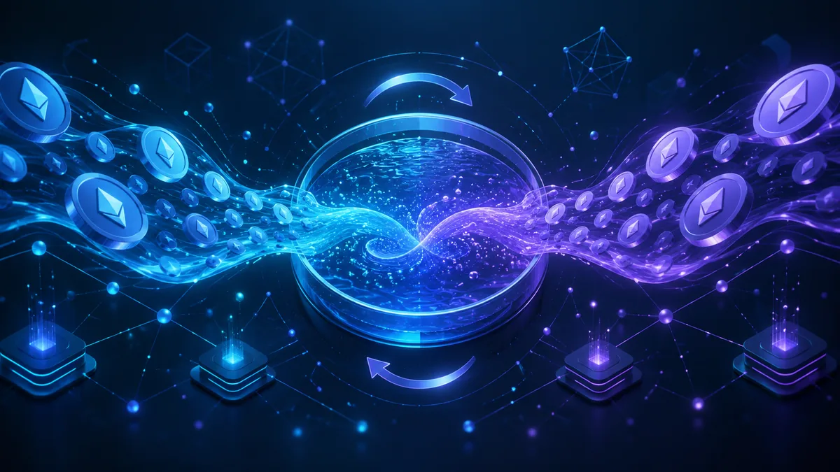 Abstract decentralized exchange liquidity pool with two token streams and automated trading flow, no text, no logos, no characters
