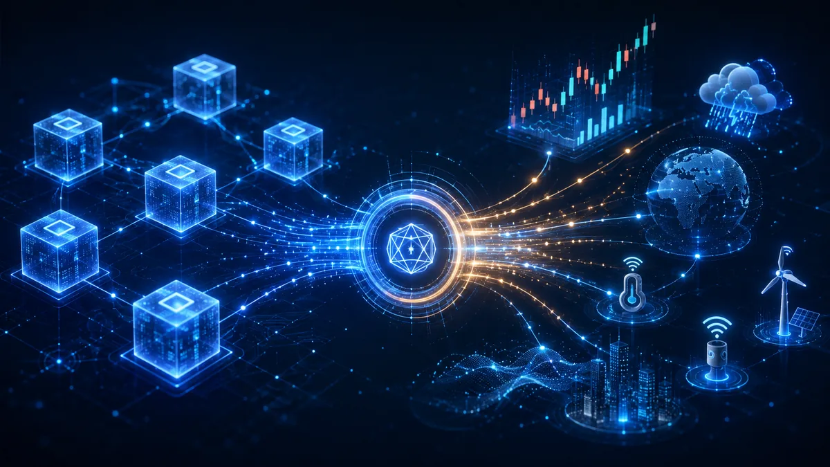Abstract blockchain oracle bridge connecting digital smart contract nodes to real-world data sources, no text, no characters, no logos