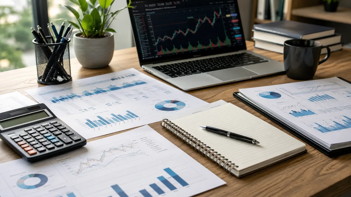 Clean investor desk with financial statements, calculator, notebook and stock analysis charts, no text, no people, no logos