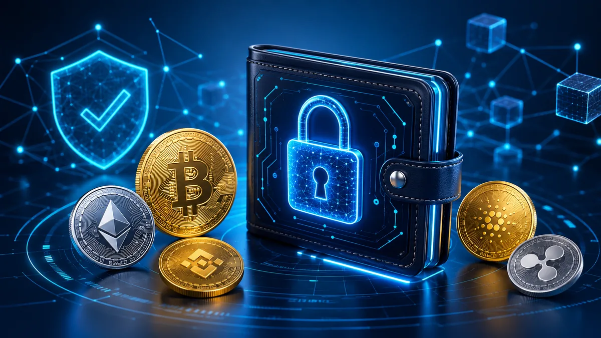 crypto wallet security with digital lock and coins no text in image