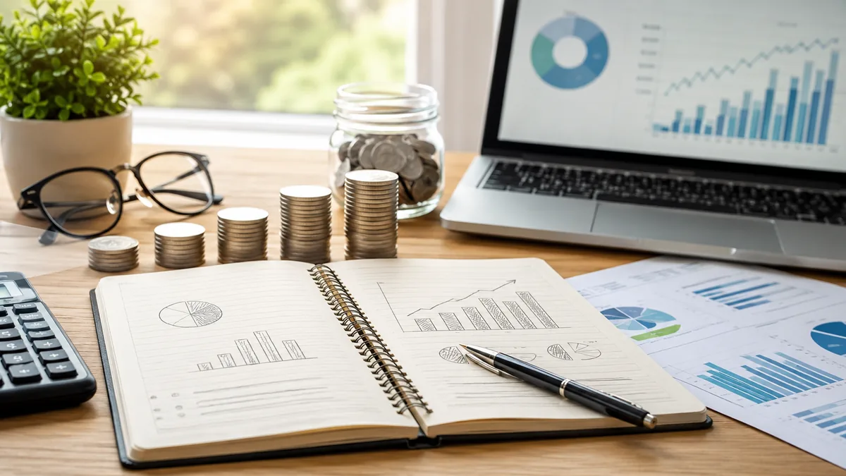 personal finance planning with notebook coins and chart no text in image