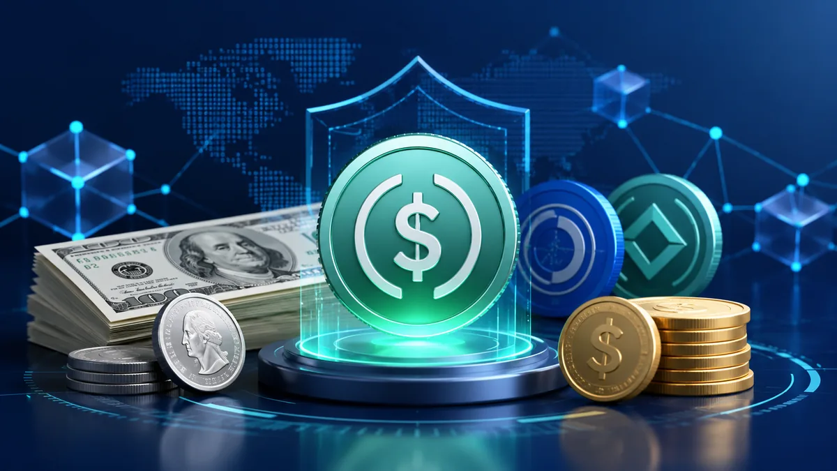 stablecoin concept with digital coins and fiat currency no text