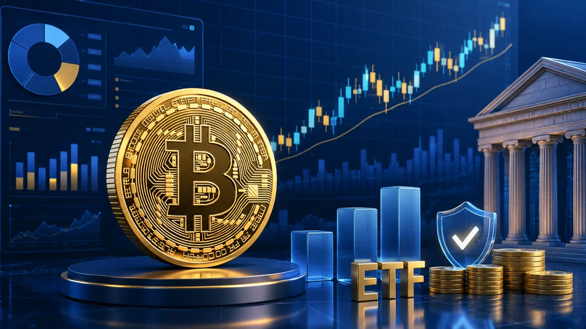 Bitcoin ETF concept with digital coin and stock market chart, no text in image