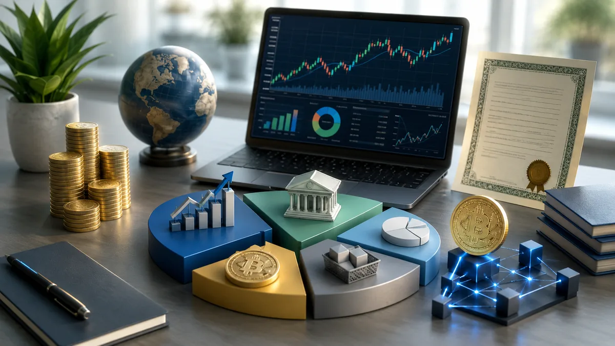 diversified investment portfolio with stocks bonds funds and digital assets, no text in image