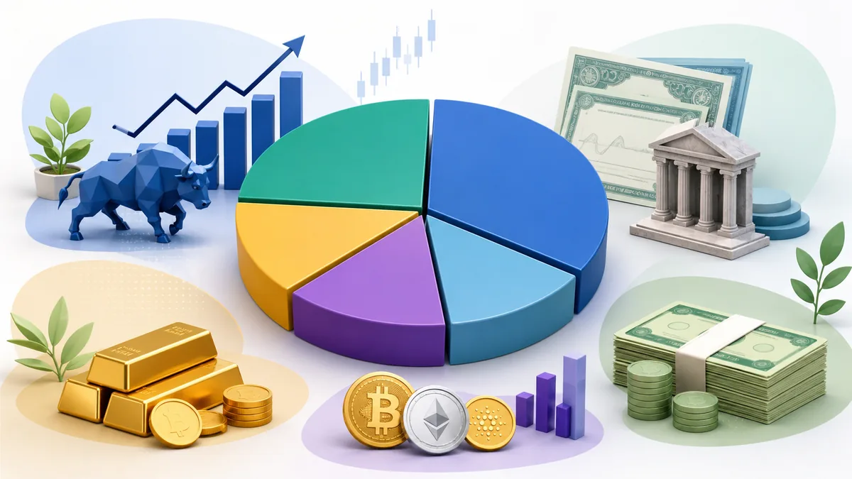 asset allocation pie chart concept with stocks bonds cash gold crypto no text