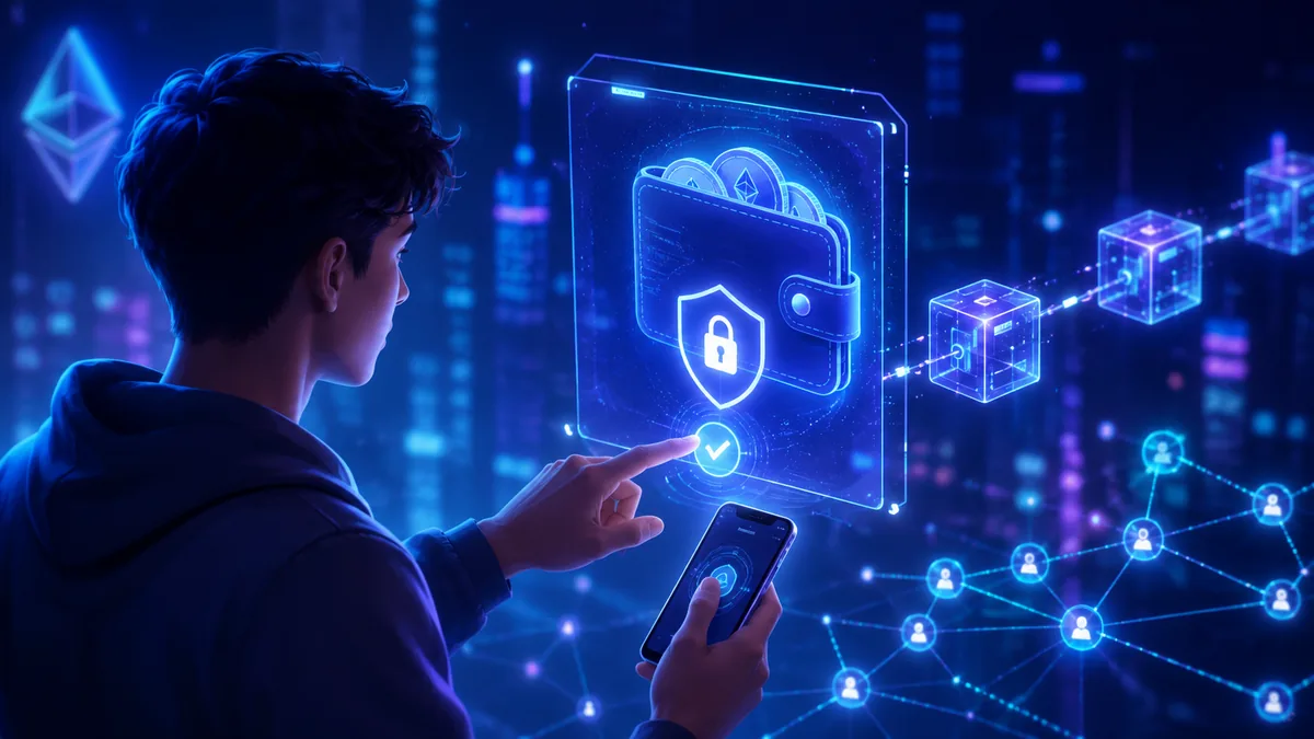 User signing a secure blockchain transaction with a digital wallet, no text