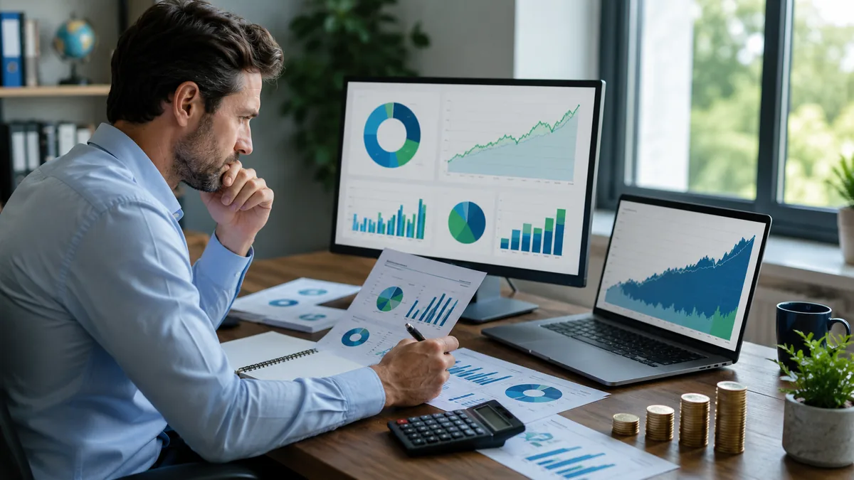 Investor analyzing dividend yield, financial statements, and stock portfolio, no text
