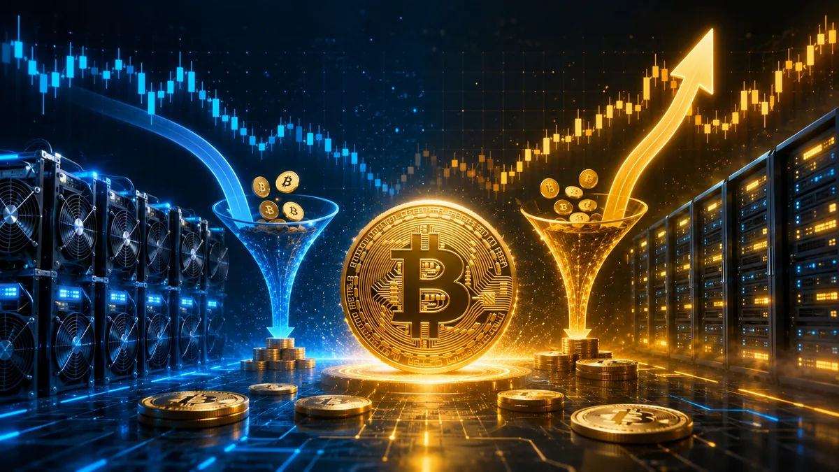 Bitcoin market supply and demand concept with price chart, mining hardware and digital coins, no text