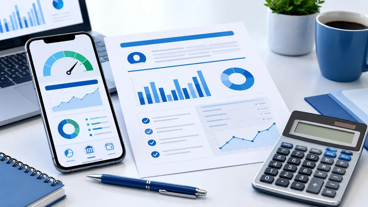 Financial health check concept with credit report, calculator and smartphone, no text
