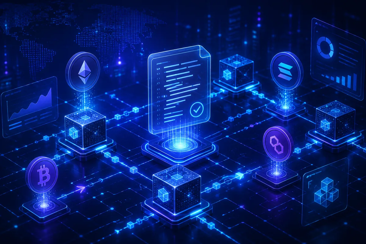 Blockchain ecosystem with digital assets and smart contracts, no text in image